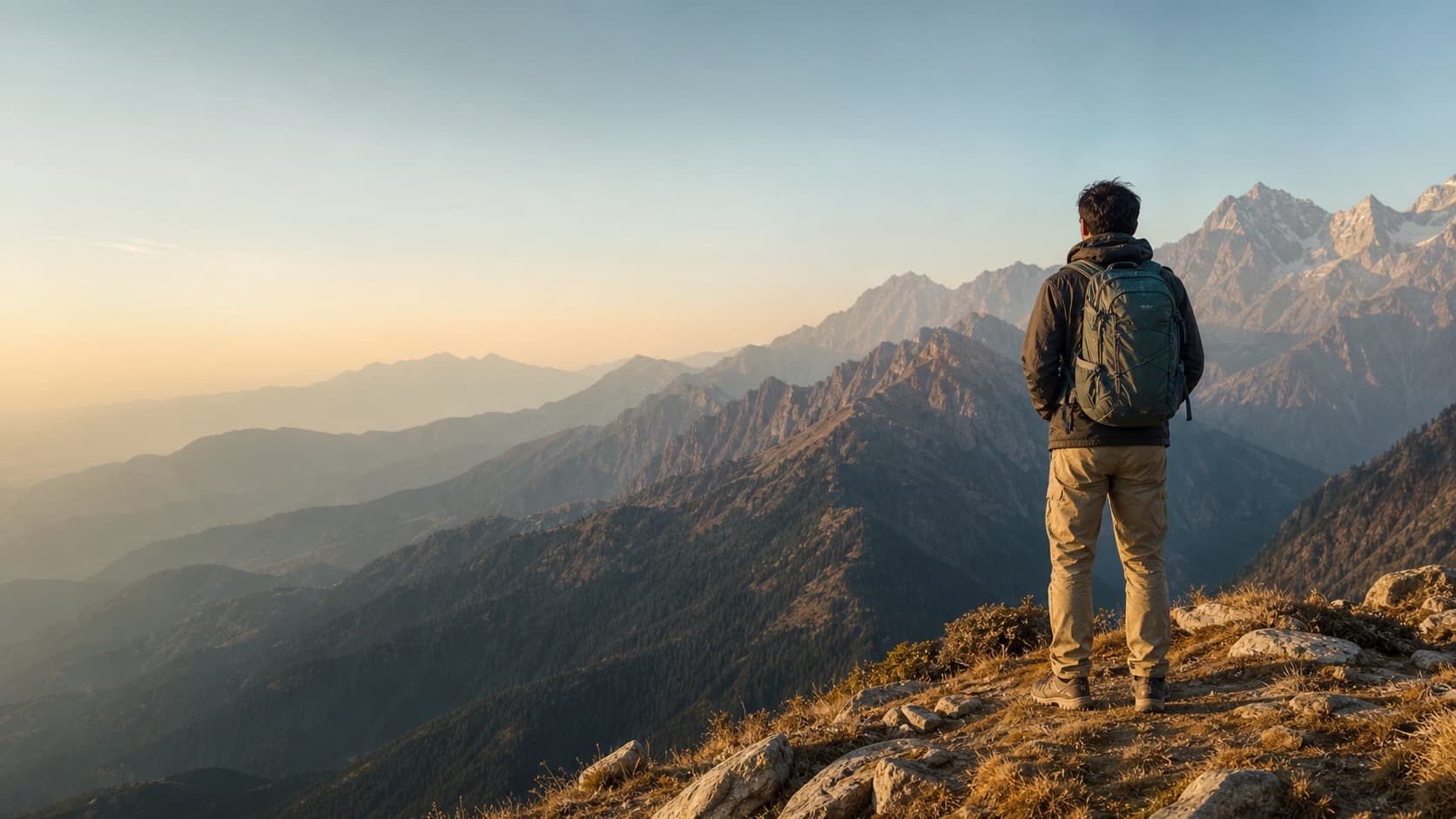 Traveler overlooking a Himalayan mountain range